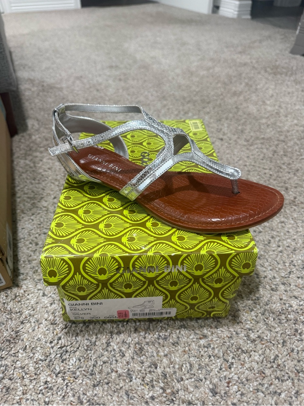 Gianni Bini Silver Metallic T-Strap Brown Footbed Sandal